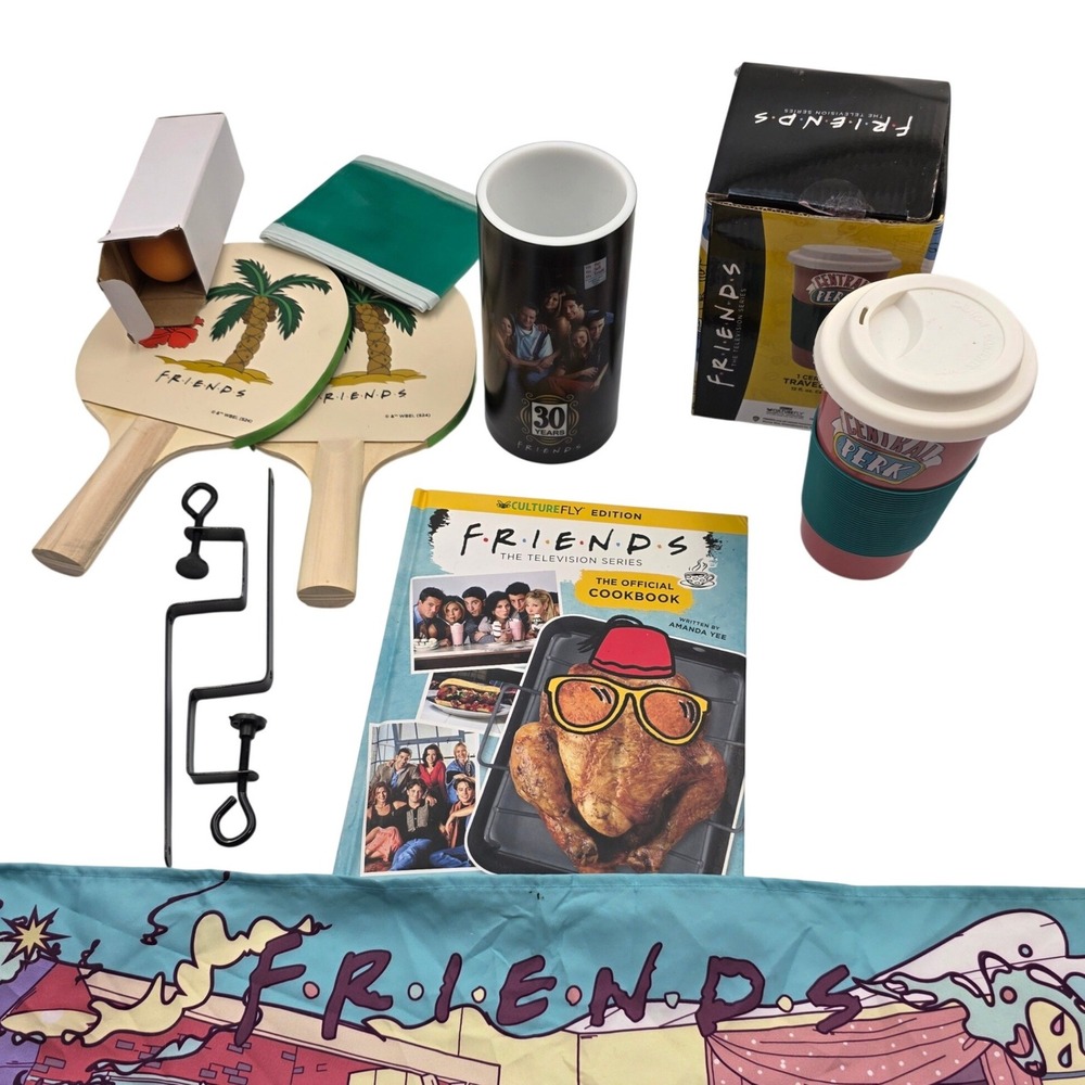 Friends TV Show Collectible Bundle Cookbook Travel Mug Table Tennis Banner O8